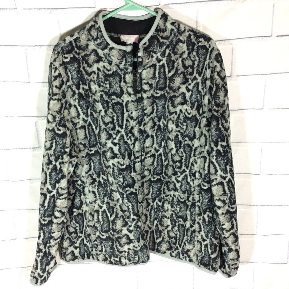 Sport Savvy Womens Black Gray Leopard Zip Up Jacket XL